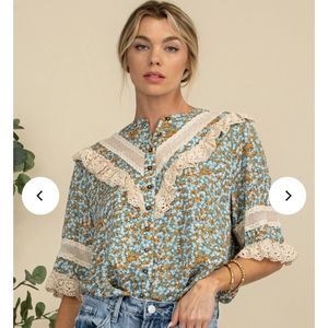 Blair floral island cottagecore boho lace button blouse top M L